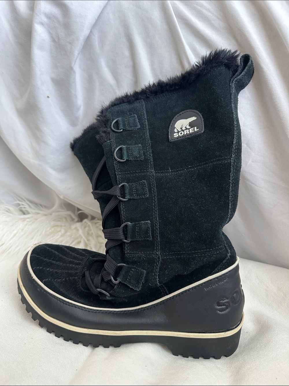 Sorel Women's Black Suede Faux-Fur Lace-Up Winter Boot